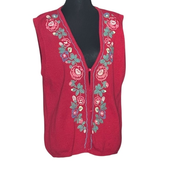 Eddie Bauer Sweaters - Eddie Bauer Vintage Red Floral Embroidered Cotton Button Front Sweater Vest L